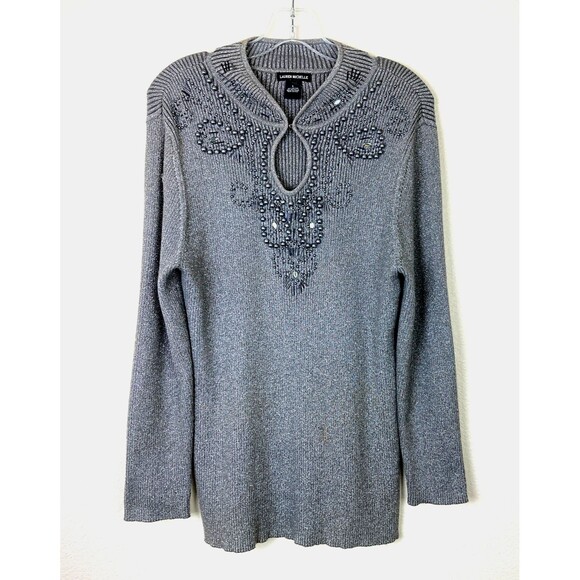 Lauren Michelle Metallic Beaded Shirt Size L Gray Silver Stretchy Knit Party - Picture 1 of 9